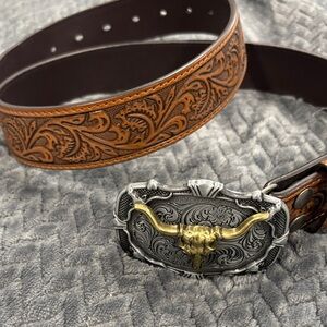 Western Tooled Leather Belt with Bull Buckle
